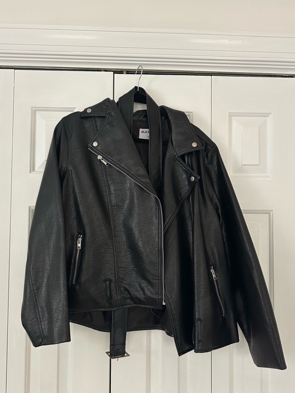 Old Navy Black Faux Leather Moto Jacket with Belt